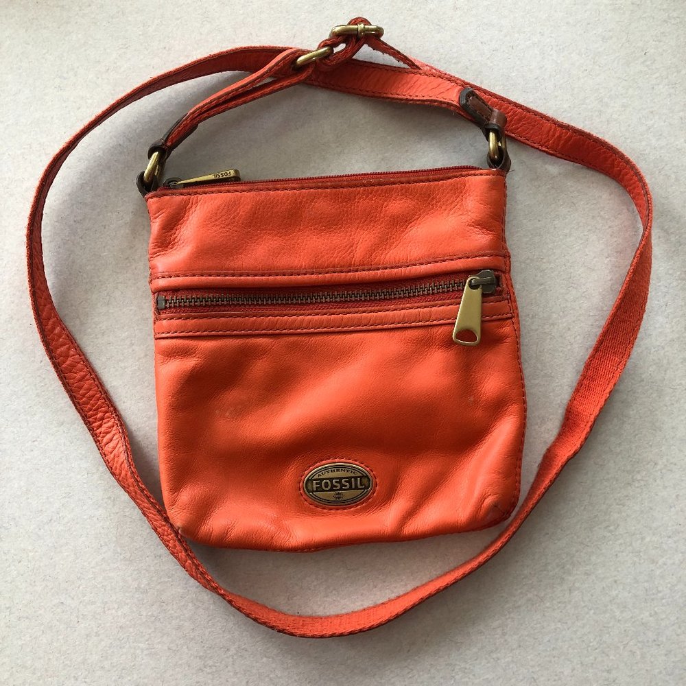 Fossil Orange Soft Genuine Leather Small Adjustable Strap Crossbody Purse